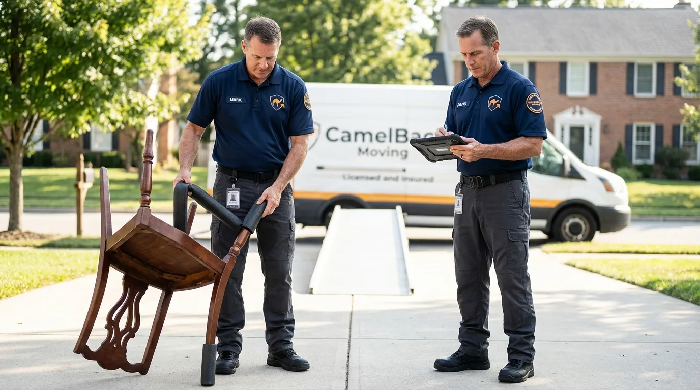 Movers inspecting furniture for damage prevention before loading in Barboursville, WV
